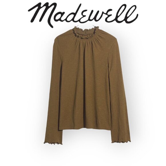 Madewell l/s Ruffled Mockneck Top Textured XXS in Asparagus Olive Green - Picture 1 of 14